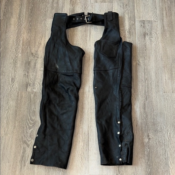 Vintage Frontier Leathers USA made black leather motorcycle biker chaps M FLAWS